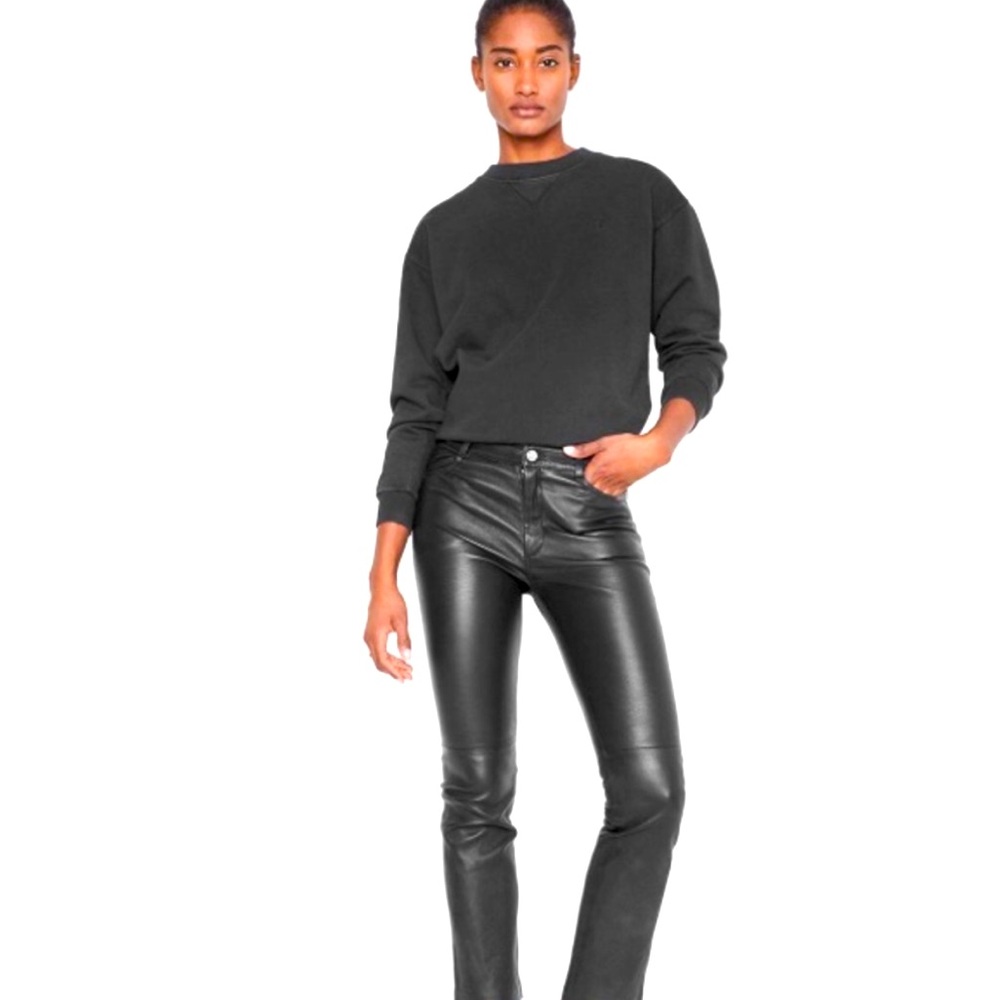 Newport News Leather Black Pant size 8 lined 5 pocket button zipper straight leg - Picture 2 of 15